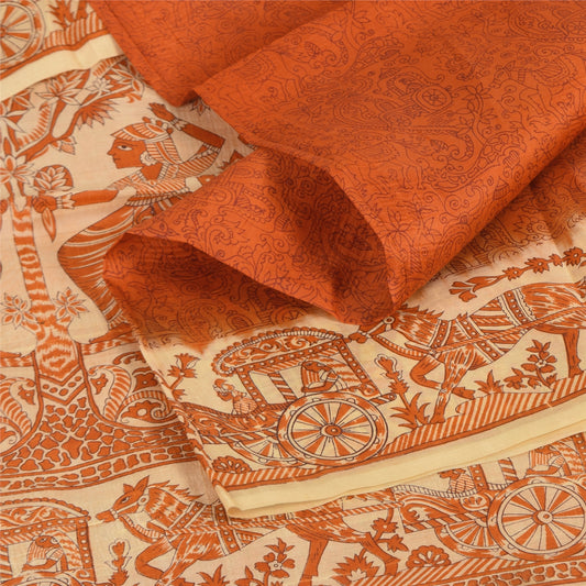 Sanskriti Vintage Sarees Orange Human Printed Pure Silk Sari 5+yd Craft Fabric