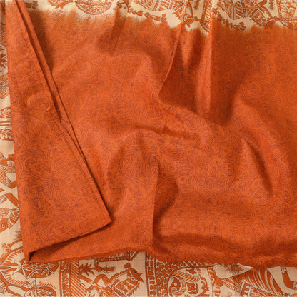 Sanskriti Vintage Sarees Orange Human Printed Pure Silk Sari 5+yd Craft Fabric