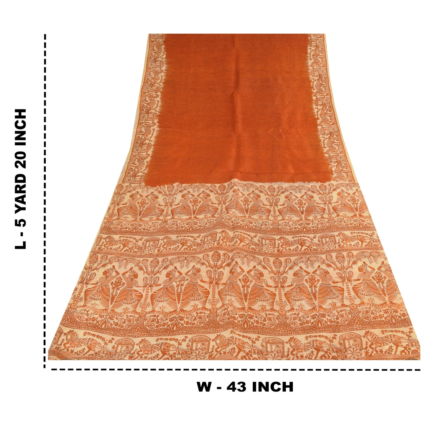 Sanskriti Vintage Sarees Orange Human Printed Pure Silk Sari 5+yd Craft Fabric