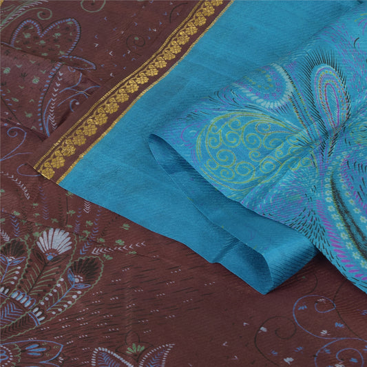 Sanskriti Vintage Sarees Blue Zari Border Pure Silk Print Sari 5+yd Craft Fabric