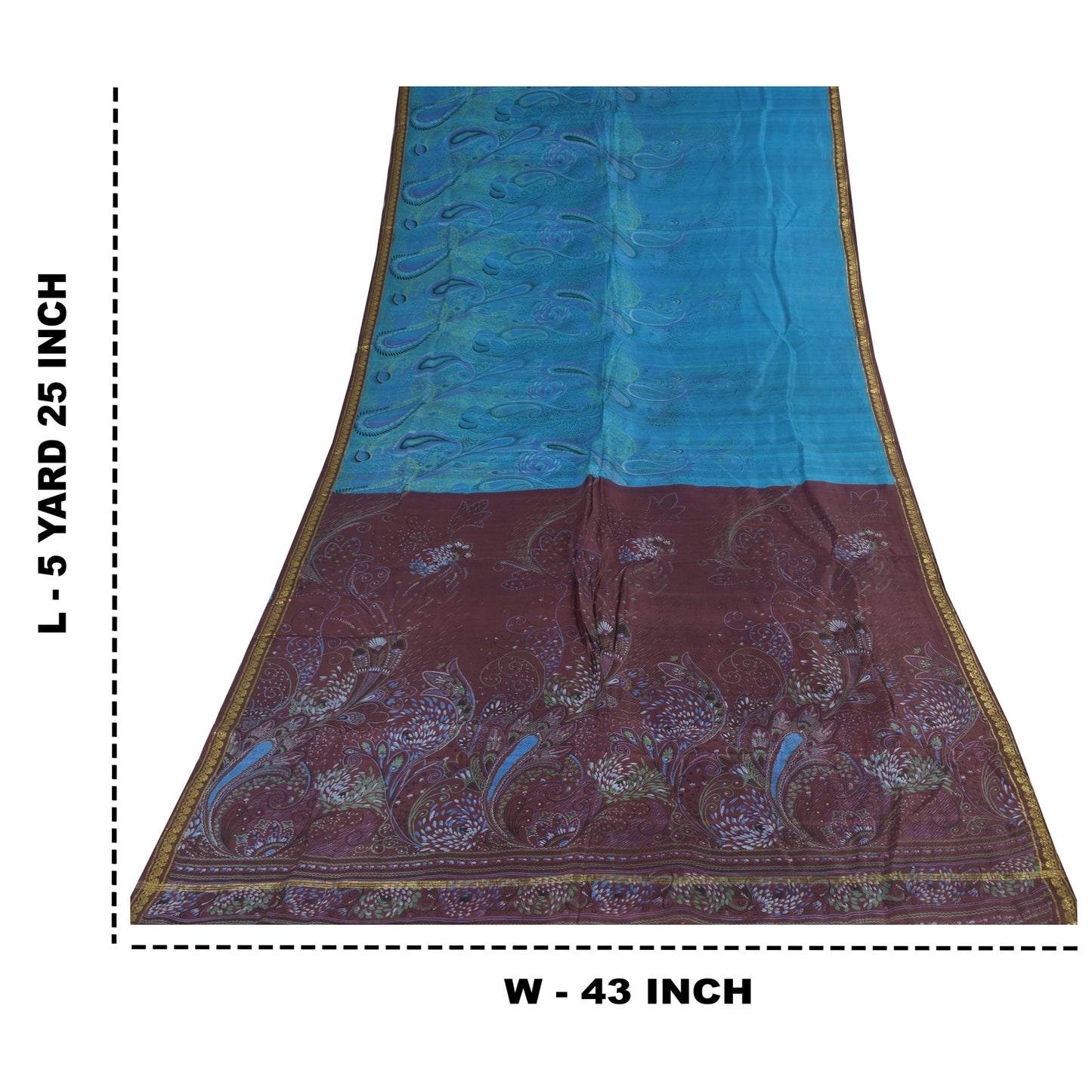 Sanskriti Vintage Sarees Blue Zari Border Pure Silk Print Sari 5+yd Craft Fabric