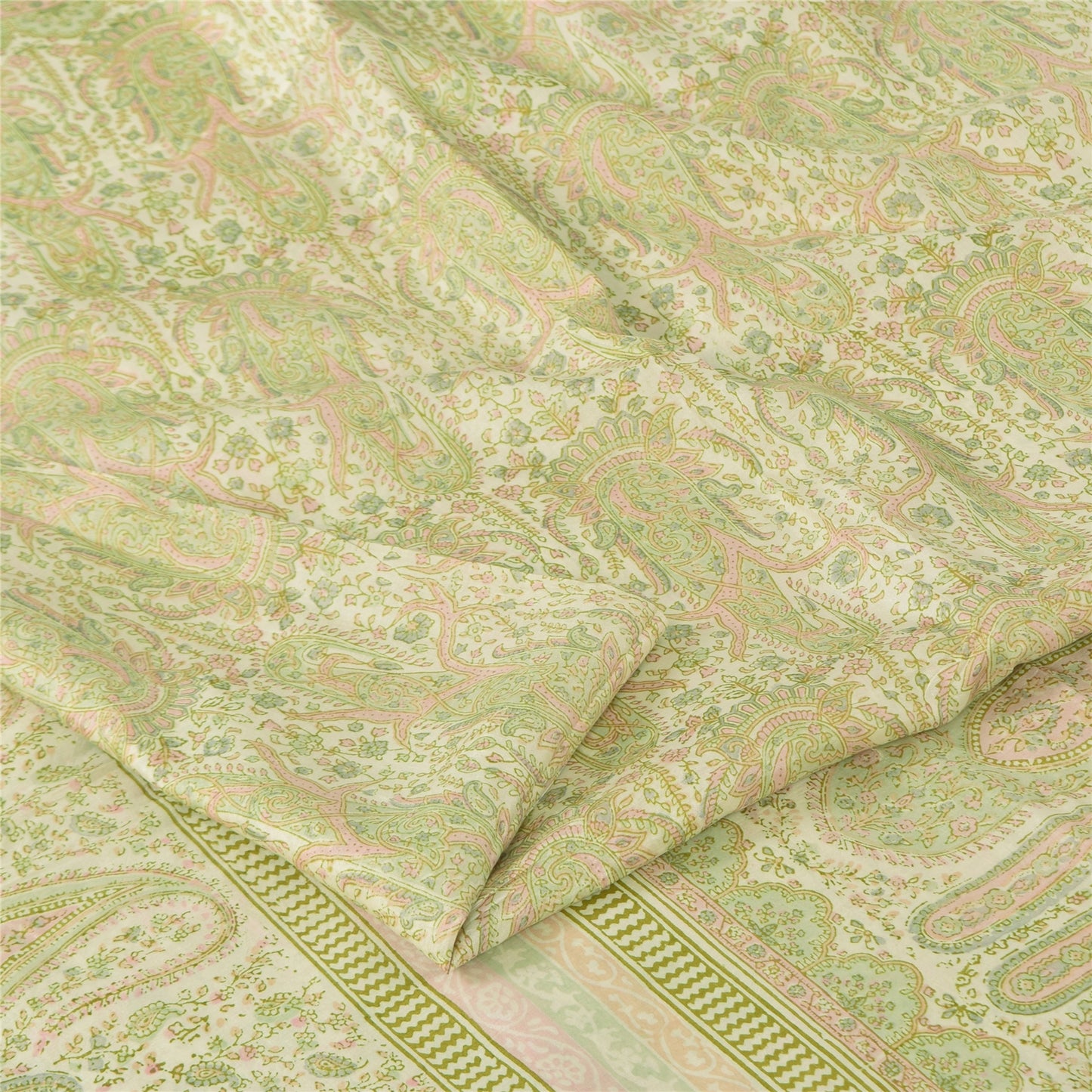 Sanskriti Vintage Sarees Olive Green Pure Silk Printed Sari 6+yd Craft Fabric