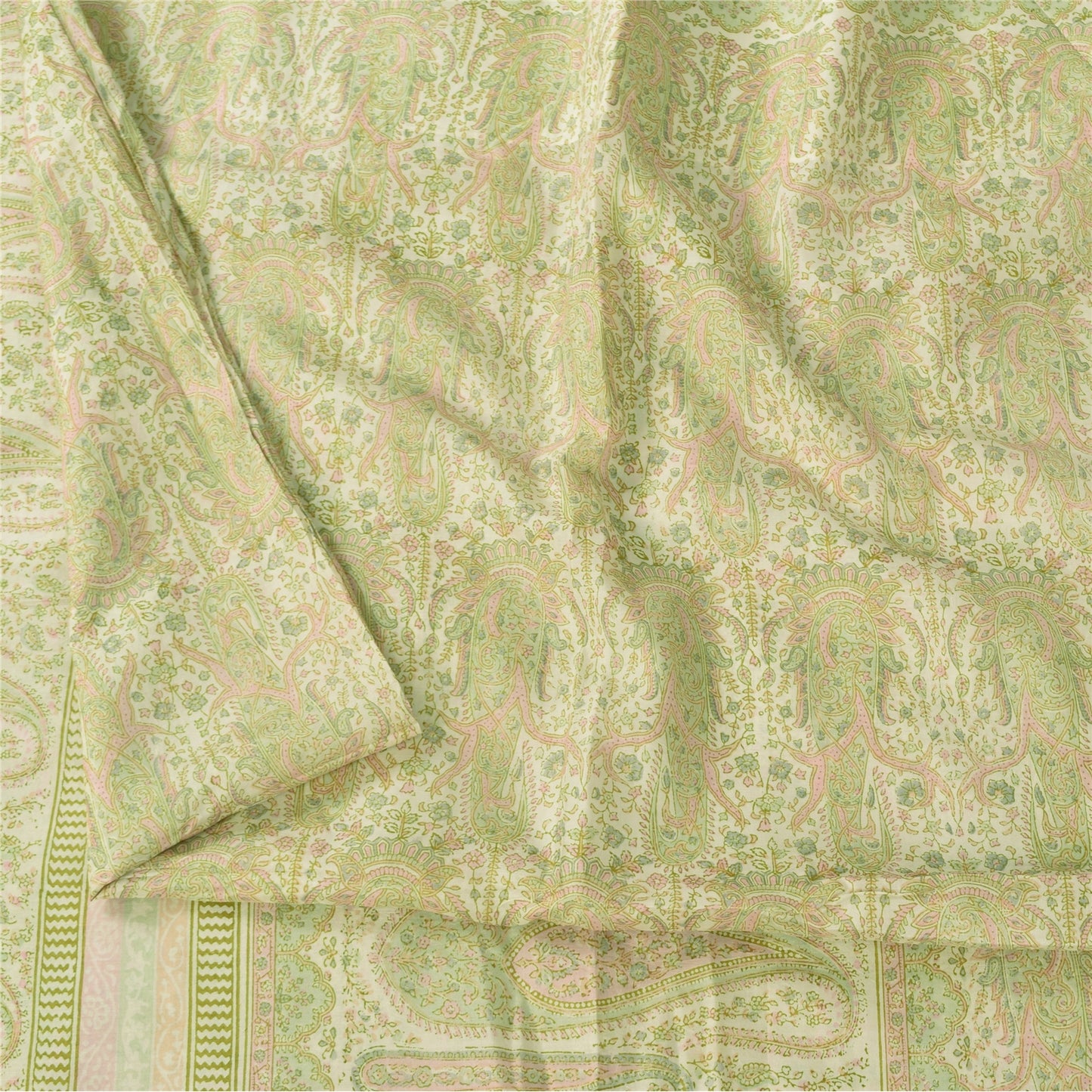 Sanskriti Vintage Sarees Olive Green Pure Silk Printed Sari 6+yd Craft Fabric