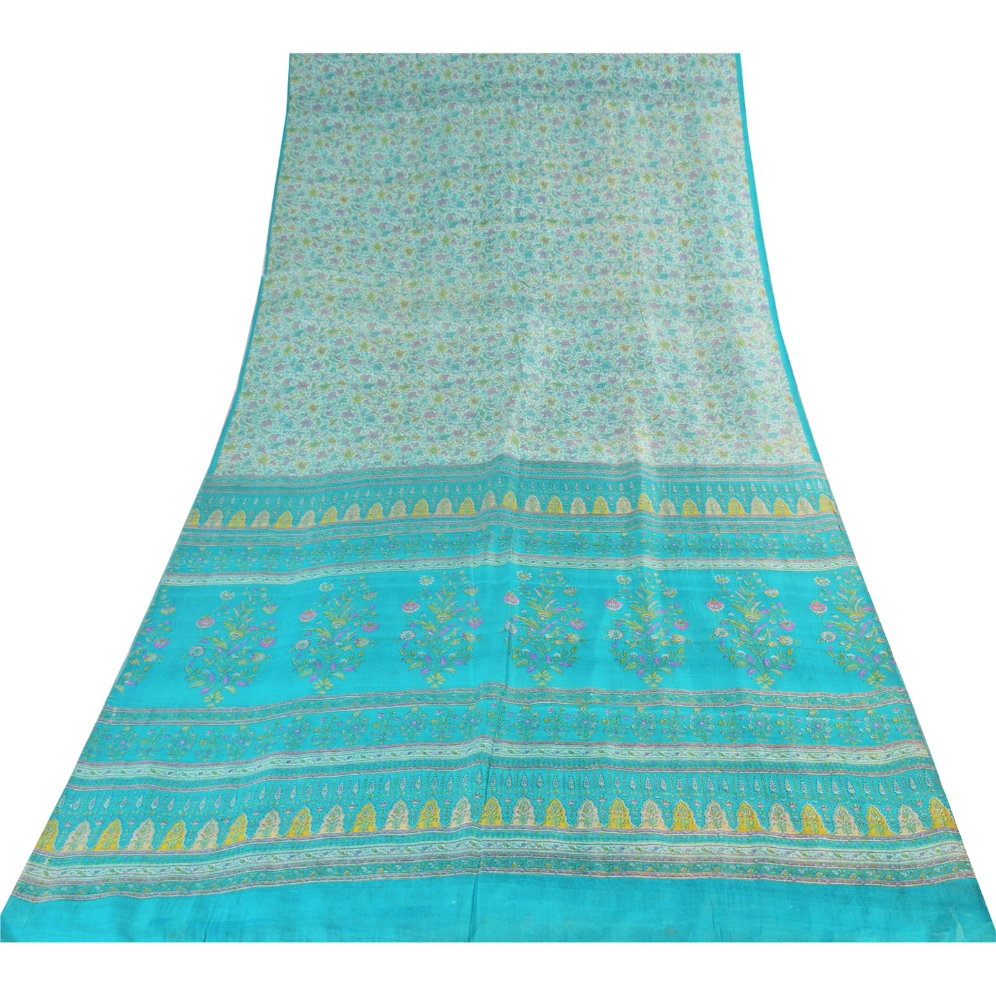 Sanskriti Vintage Sarees Ivory/Blue 100%Pure Silk Printed Sari 6+yd Craft Fabric