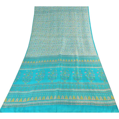 Sanskriti Vintage Sarees Ivory/Blue 100%Pure Silk Printed Sari 6+yd Craft Fabric