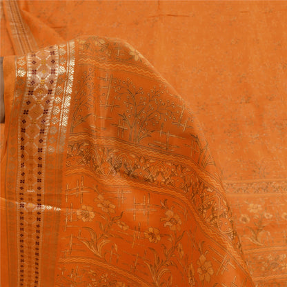 Sanskriti Vintage Sarees Orange 100% Pure Silk Printed Sari 6+yd Craft Fabric