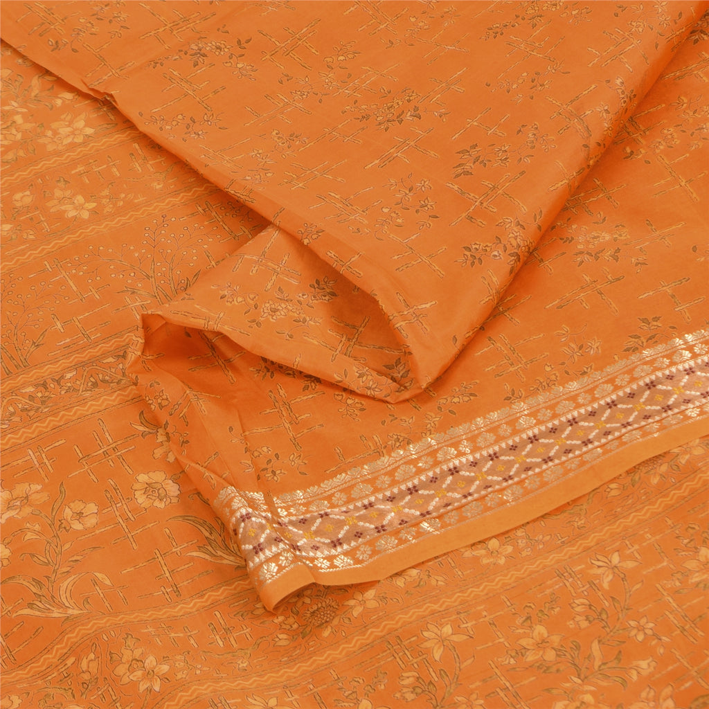 Sanskriti Vintage Sarees Orange 100% Pure Silk Printed Sari 6+yd Craft Fabric