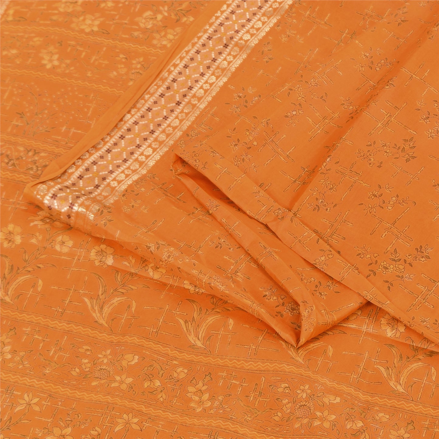 Sanskriti Vintage Sarees Orange 100% Pure Silk Printed Sari 6+yd Craft Fabric