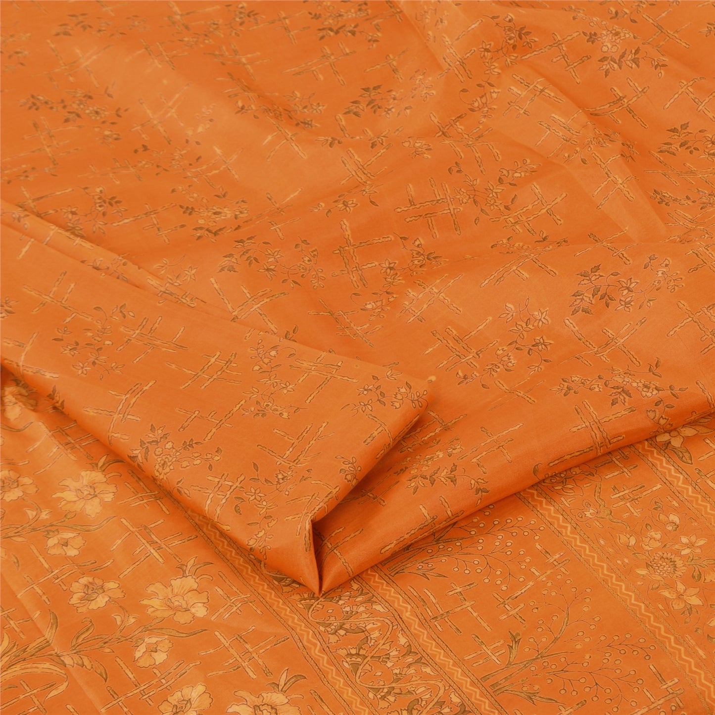 Sanskriti Vintage Sarees Orange 100% Pure Silk Printed Sari 6+yd Craft Fabric