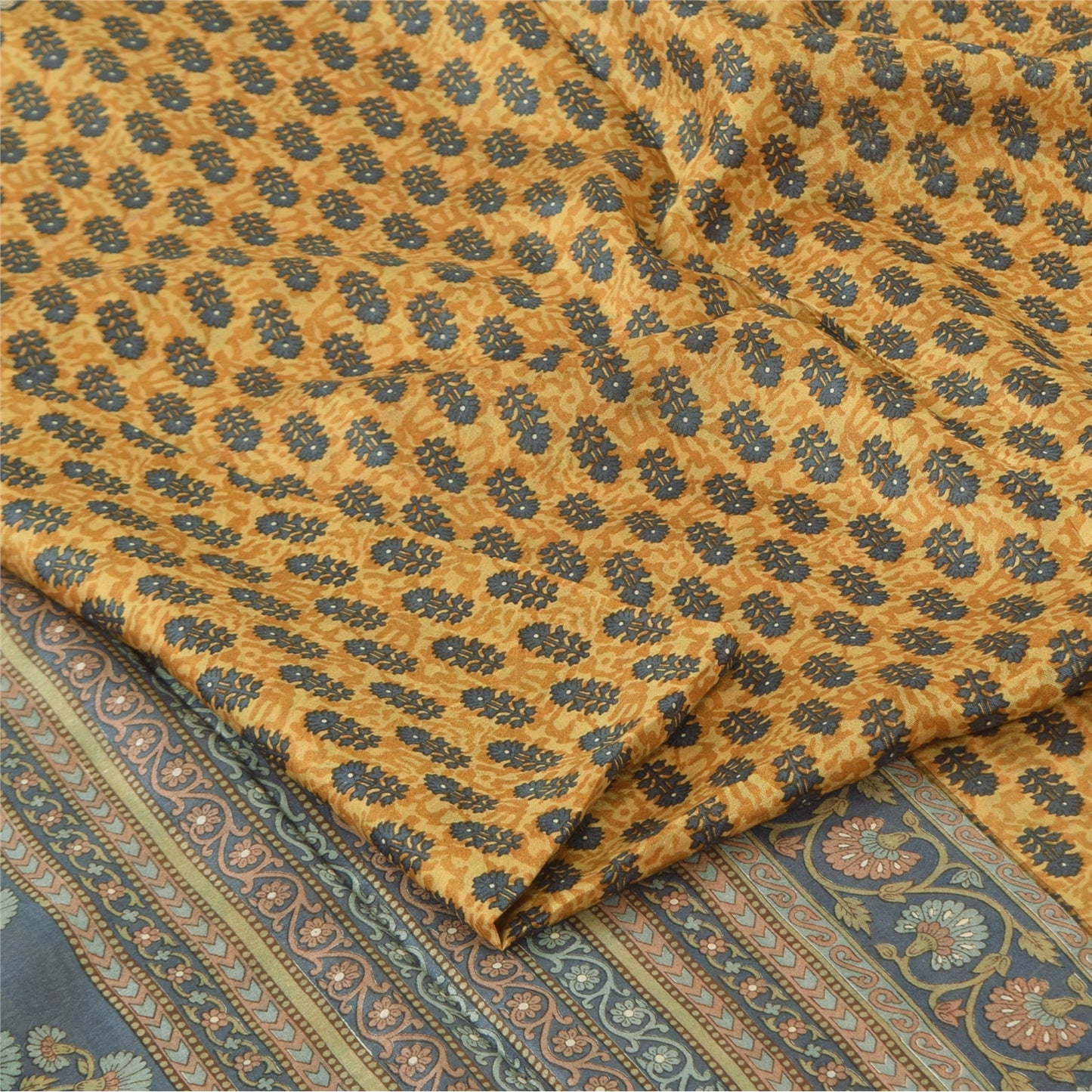 Sanskriti Vintage Sarees Saffron Zari Border Pure Silk Printed Sari 6+yd Fabric