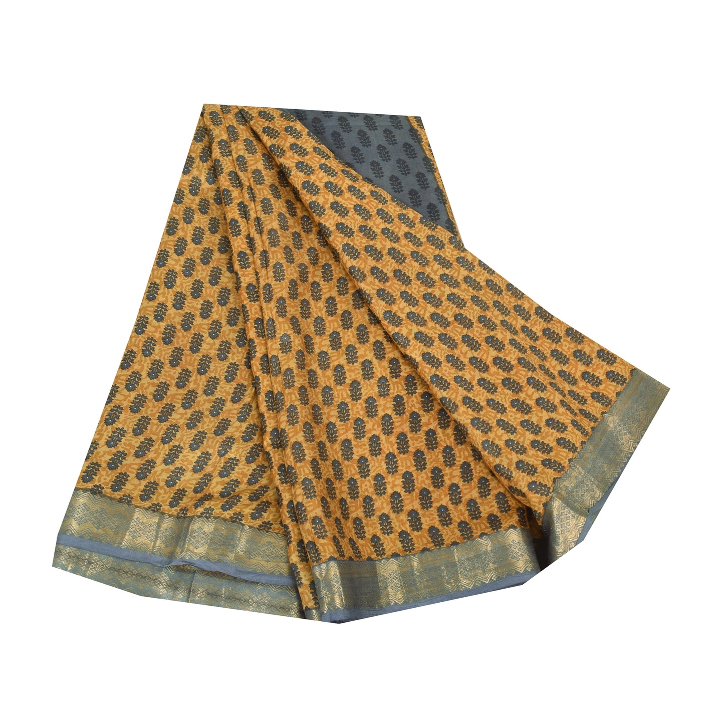 Sanskriti Vintage Sarees Saffron Zari Border Pure Silk Printed Sari 6+yd Fabric