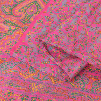 Sanskriti Vintage Sarees Dark Pink 100% Pure Silk Printed Sari 5+yd Craft Fabric