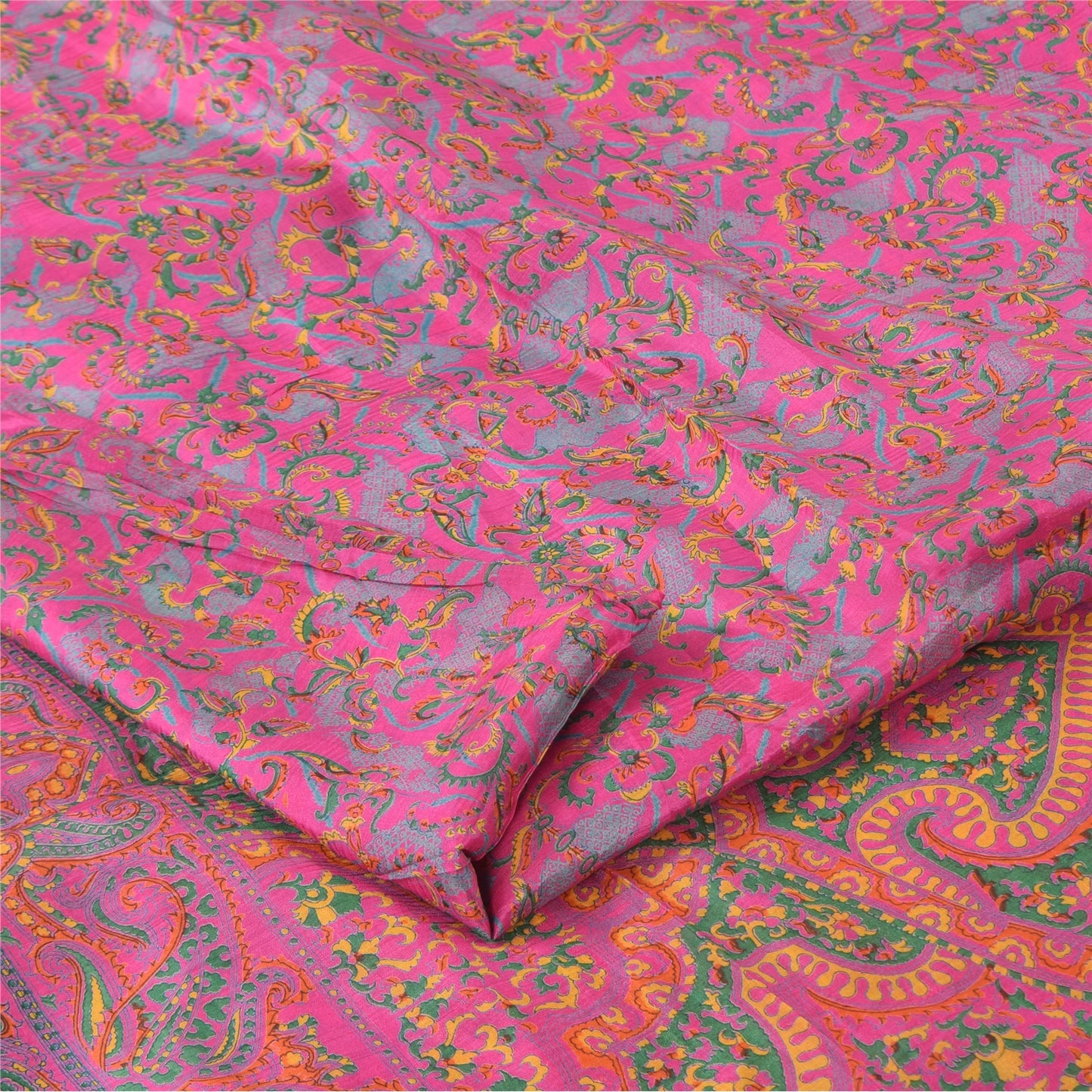 Sanskriti Vintage Sarees Dark Pink 100% Pure Silk Printed Sari 5+yd Craft Fabric