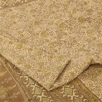 Sanskriti Vintage Sarees Ivory Indian Pure Silk Printed Sari 5+yd Craft Fabric