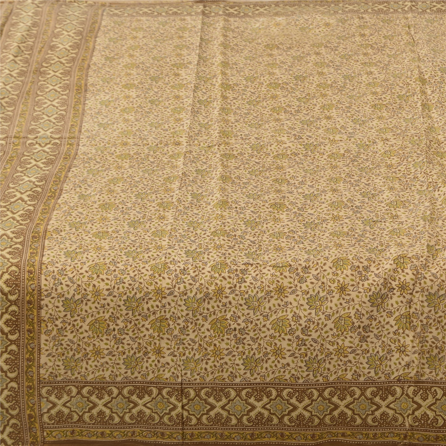 Sanskriti Vintage Sarees Ivory Indian Pure Silk Printed Sari 5+yd Craft Fabric