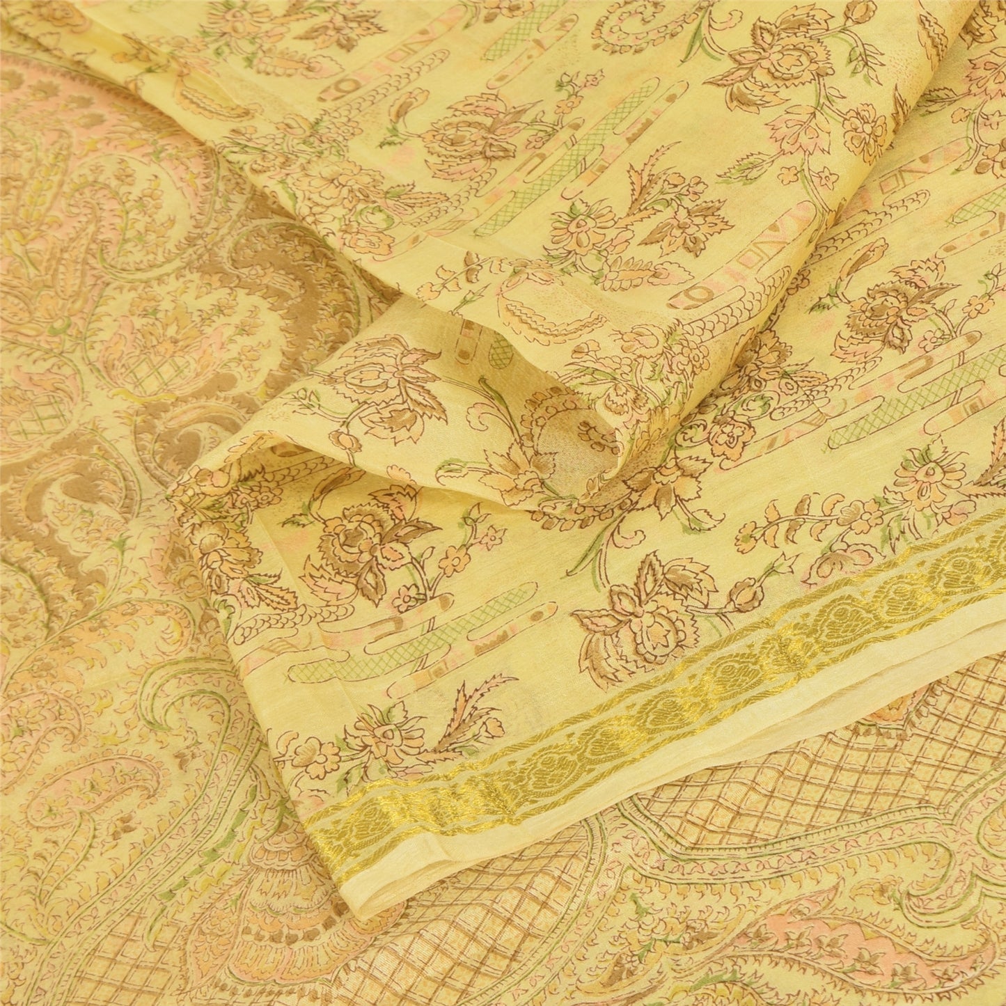 Sanskriti Vintage Sarees Yellow Pure Silk Zari WovenPrint Sari 6+yd Craft Fabric