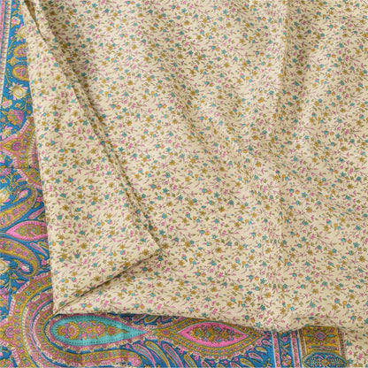 Sanskriti Vintage Sarees Cream/Blue Pure Silk Printed Sari 5+yd Craft Fabric