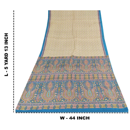 Sanskriti Vintage Sarees Cream/Blue Pure Silk Printed Sari 5+yd Craft Fabric