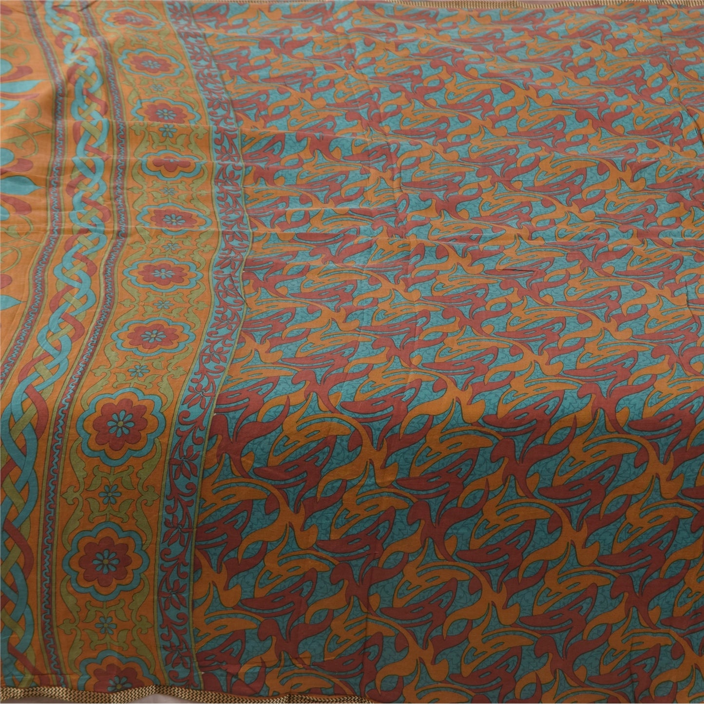 Sanskriti Vintage Sarees Multi Pure Silk Printed Sari 5+yd Craft Fabric