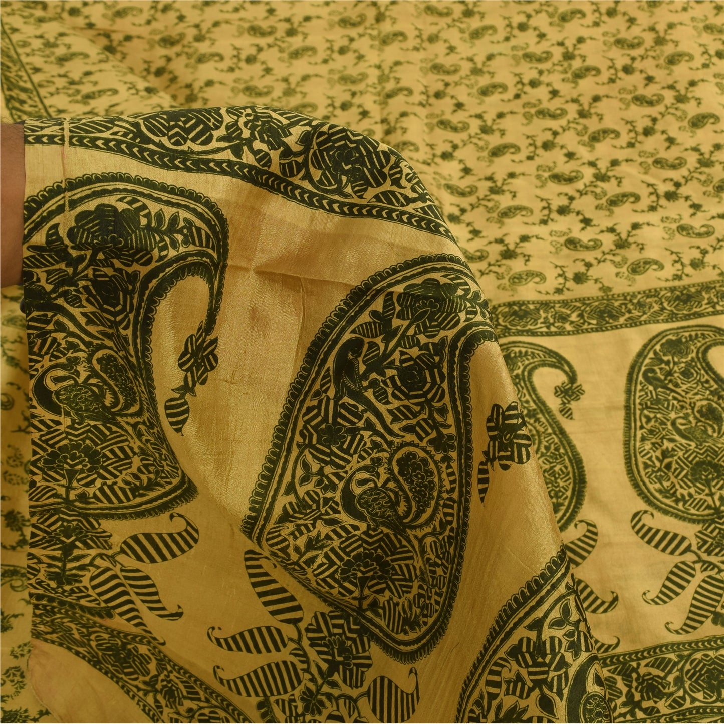 Sanskriti Vintage Sarees Yellow/Green Pure Silk Printed Sari 6+yd Craft Fabric