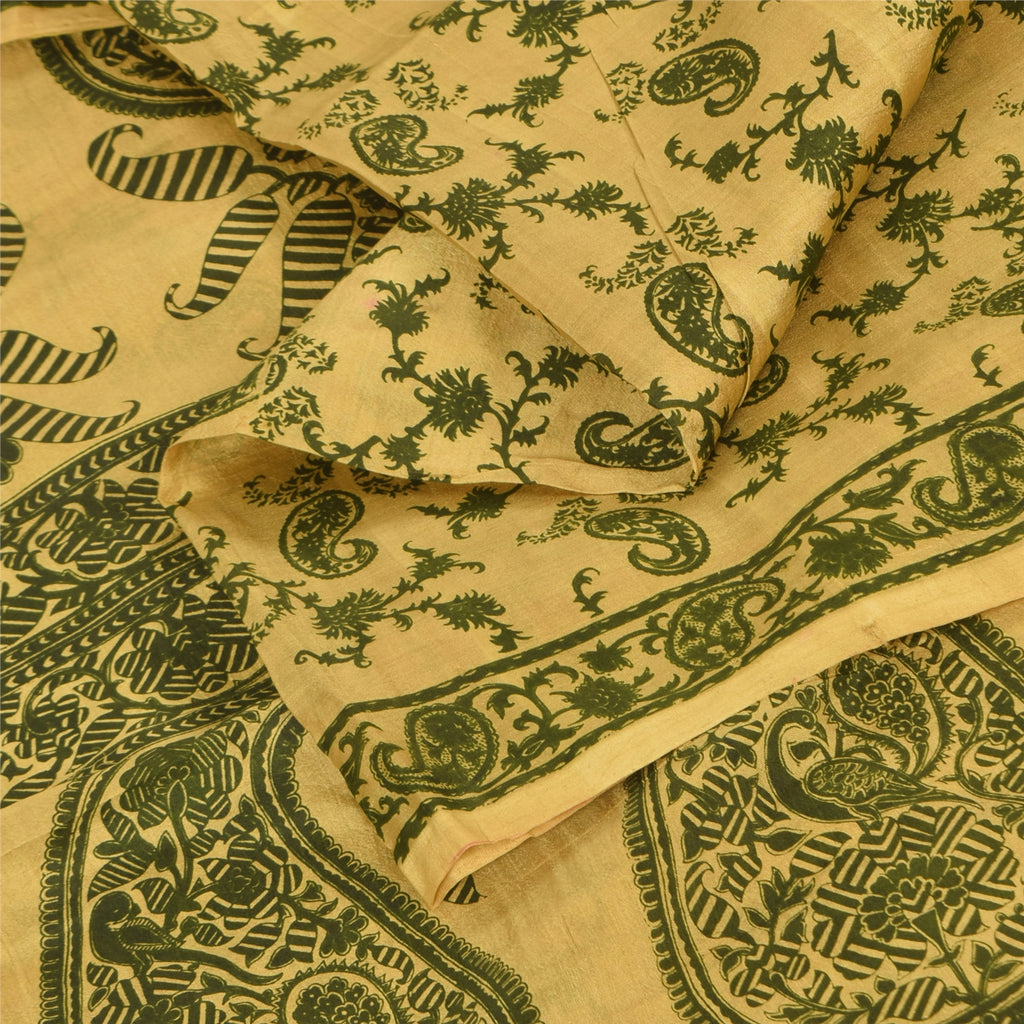 Sanskriti Vintage Sarees Yellow/Green Pure Silk Printed Sari 6+yd Craft Fabric