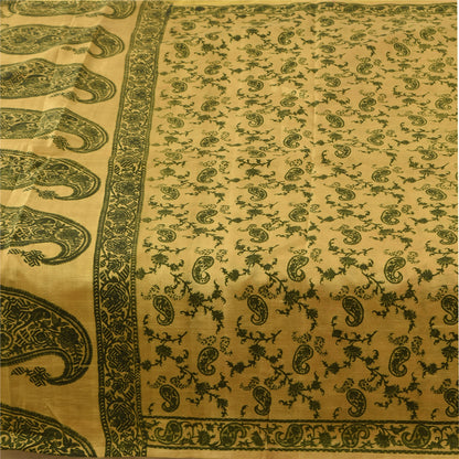 Sanskriti Vintage Sarees Yellow/Green Pure Silk Printed Sari 6+yd Craft Fabric