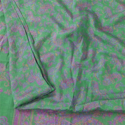 Sanskriti Vintage Sarees Green/Purple Pure Silk Printed Sari 5+yd Craft Fabric