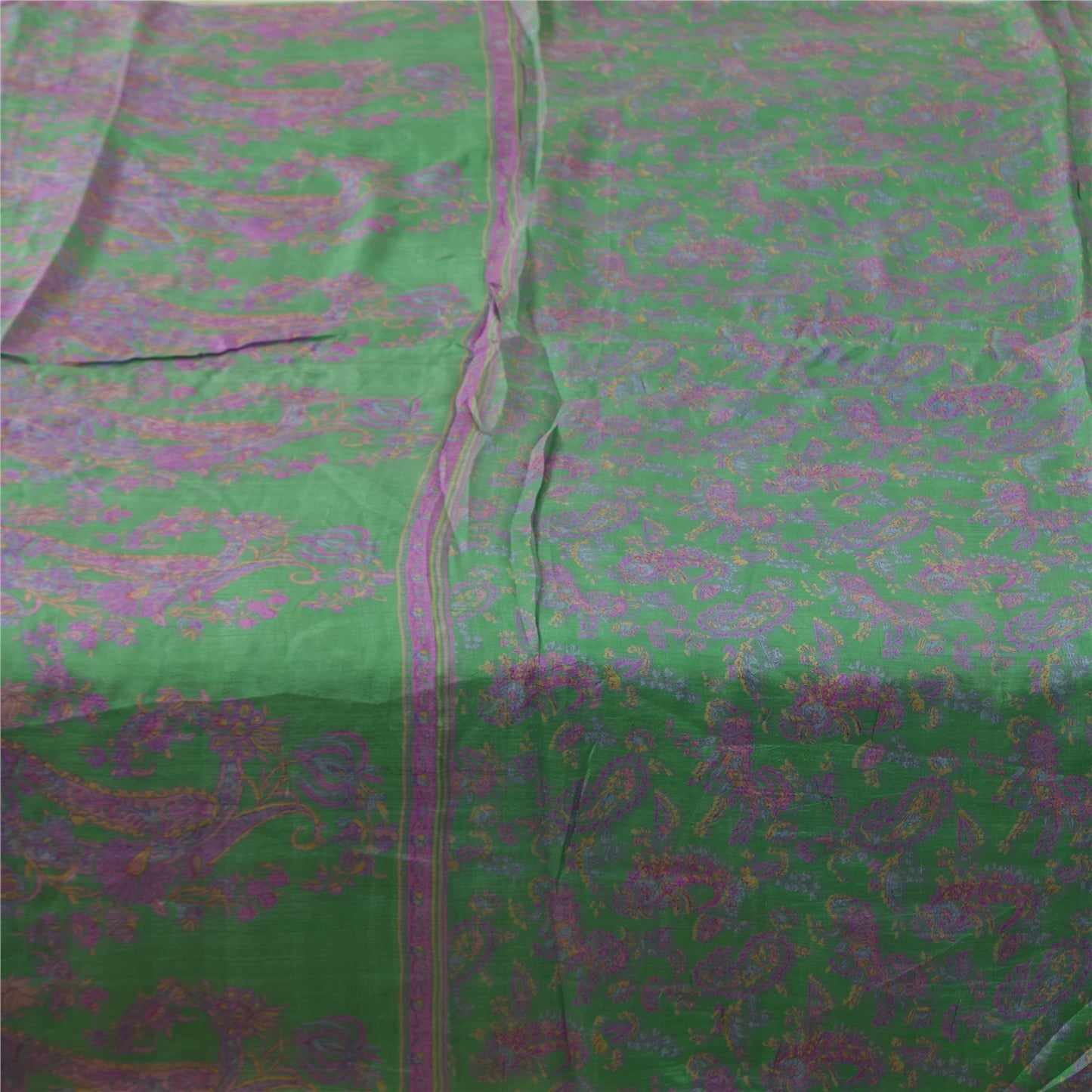 Sanskriti Vintage Sarees Green/Purple Pure Silk Printed Sari 5+yd Craft Fabric