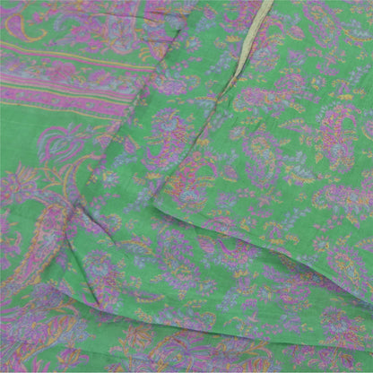 Sanskriti Vintage Sarees Green/Purple Pure Silk Printed Sari 5+yd Craft Fabric