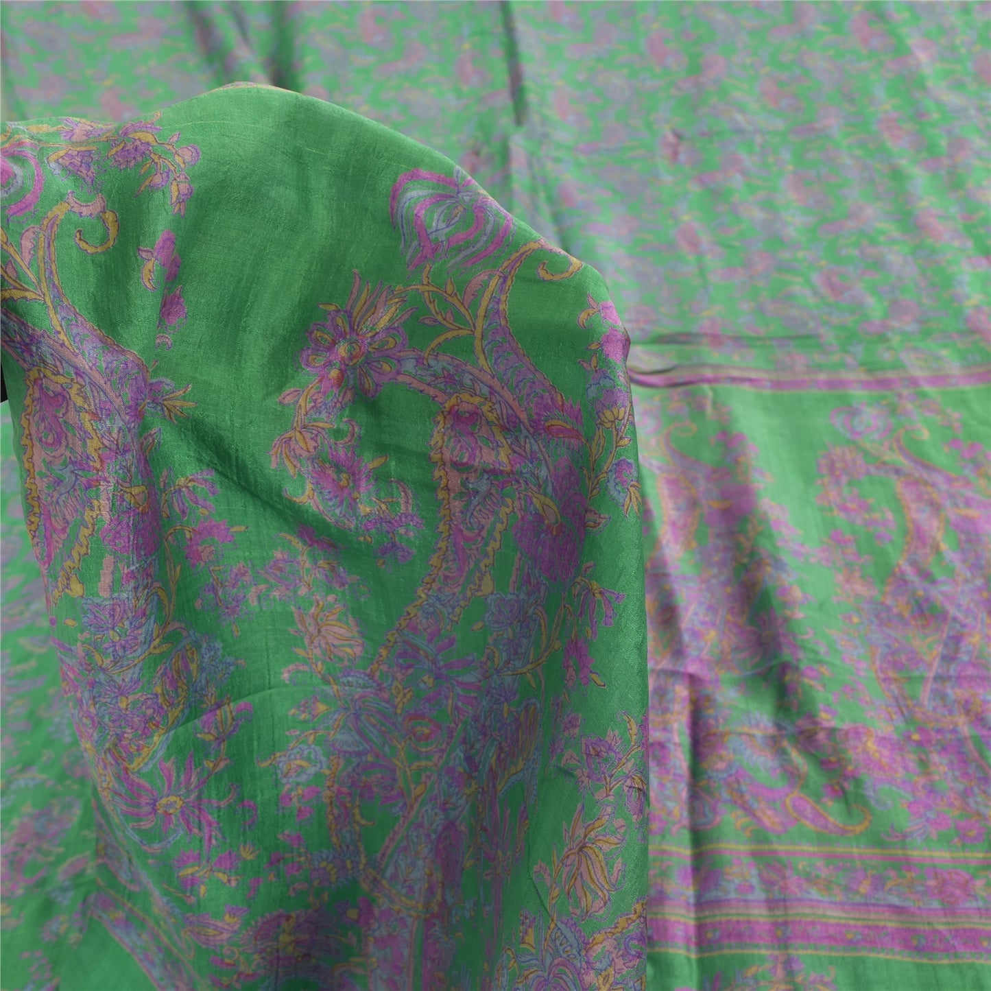 Sanskriti Vintage Sarees Green/Purple Pure Silk Printed Sari 5+yd Craft Fabric