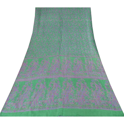 Sanskriti Vintage Sarees Green/Purple Pure Silk Printed Sari 5+yd Craft Fabric