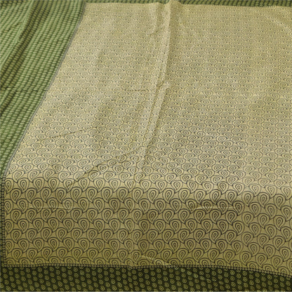 Sanskriti Vintage Sarees Cream/Green Pure Silk Printed Sari 5+yd Craft Fabric