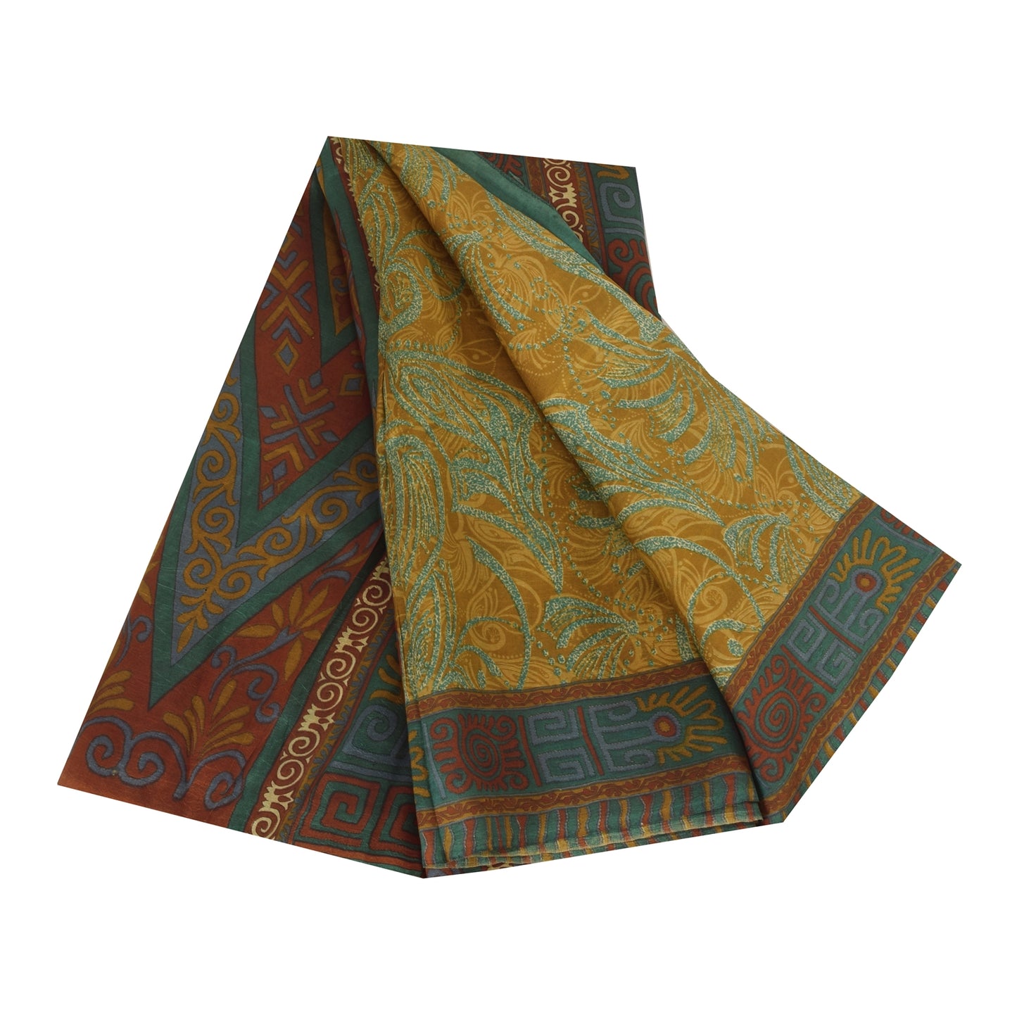 Sanskriti Vintage Sarees Saffron/Blue Pure Silk Printed Sari 6+yd Craft Fabric