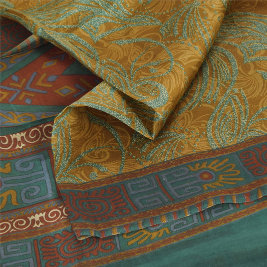 Sanskriti Vintage Sarees Saffron/Blue Pure Silk Printed Sari 6+yd Craft Fabric