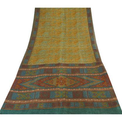 Sanskriti Vintage Sarees Saffron/Blue Pure Silk Printed Sari 6+yd Craft Fabric