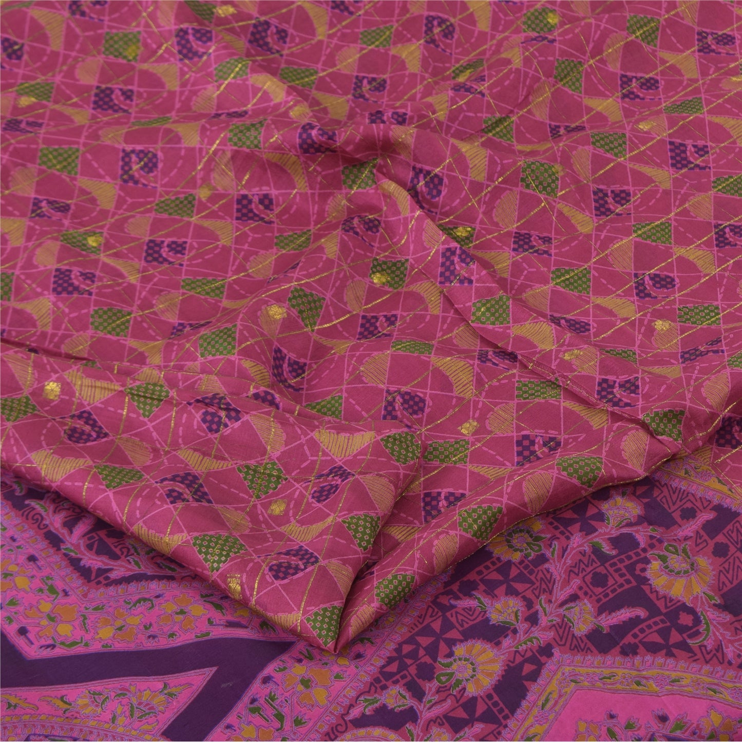 Sanskriti Vintage Sarees Pink 100%Pure Silk Printed Woven Sari 6+yd Craft Fabric