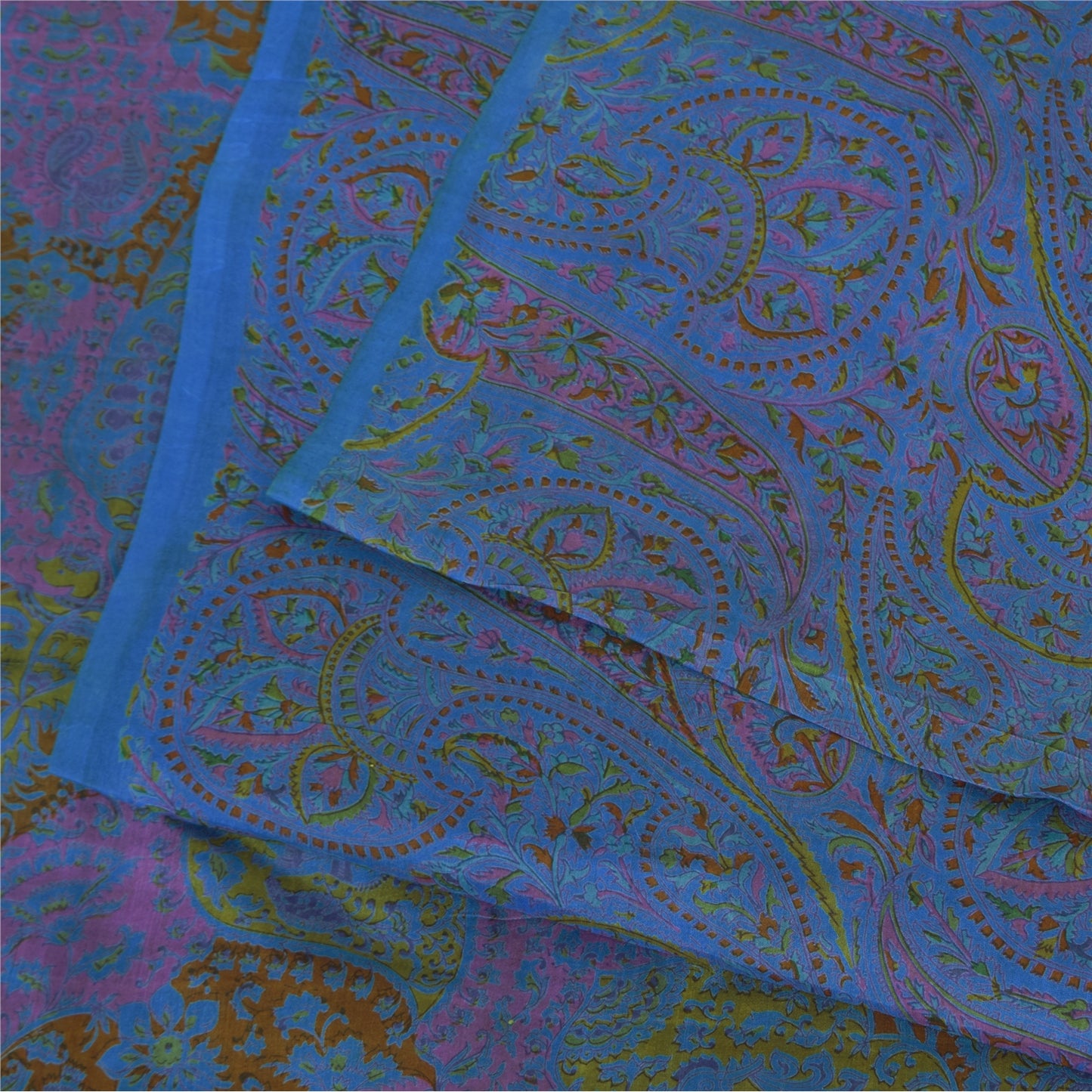 Sanskriti Vintage Sarees Blue Indian Pure Silk Printed Sari 6+yd Craft Fabric