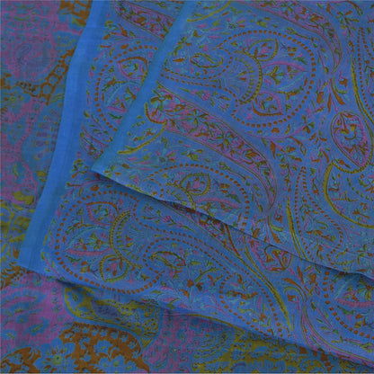 Sanskriti Vintage Sarees Blue Indian Pure Silk Printed Sari 6+yd Craft Fabric