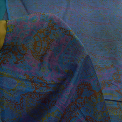 Sanskriti Vintage Sarees Blue Indian Pure Silk Printed Sari 6+yd Craft Fabric