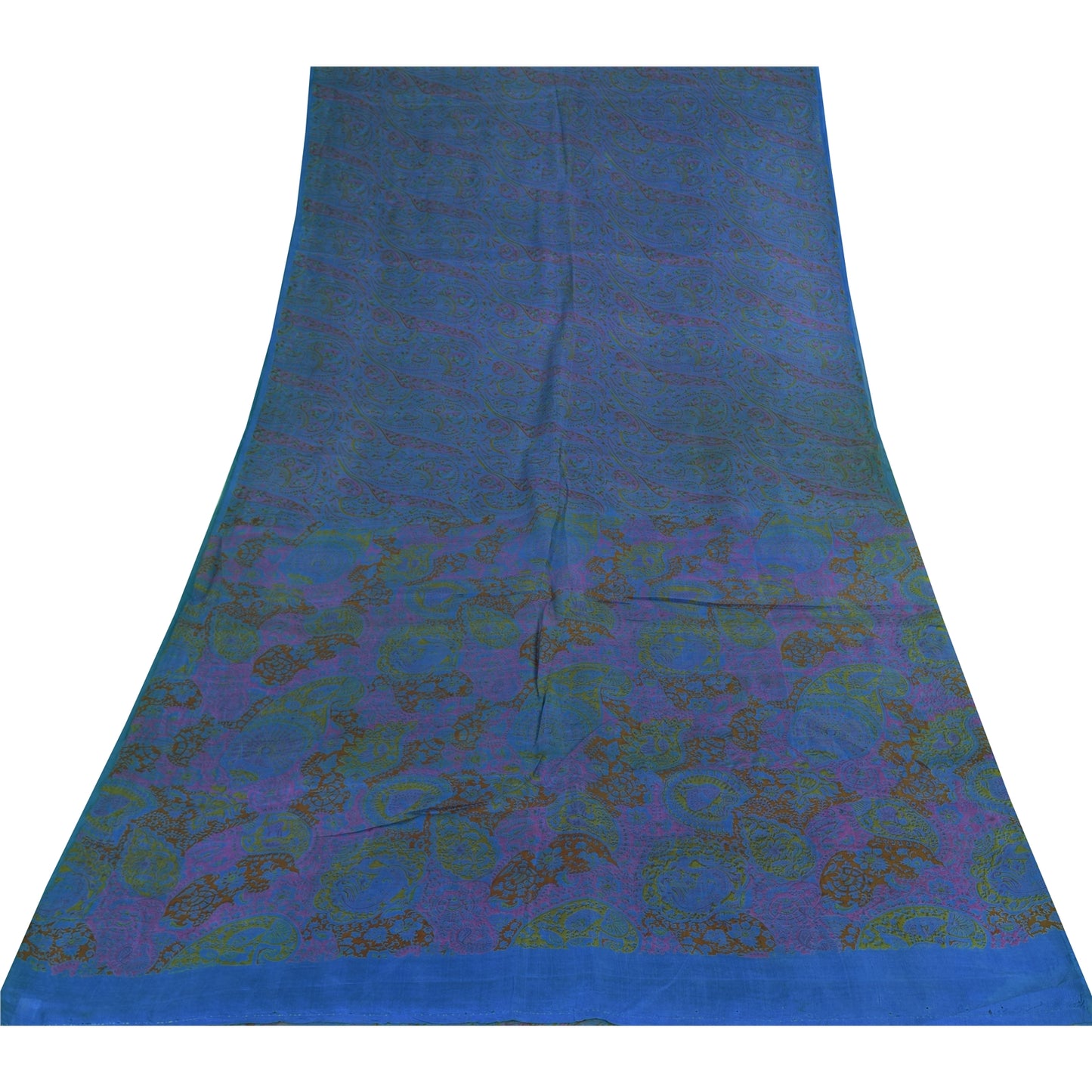 Sanskriti Vintage Sarees Blue Indian Pure Silk Printed Sari 6+yd Craft Fabric