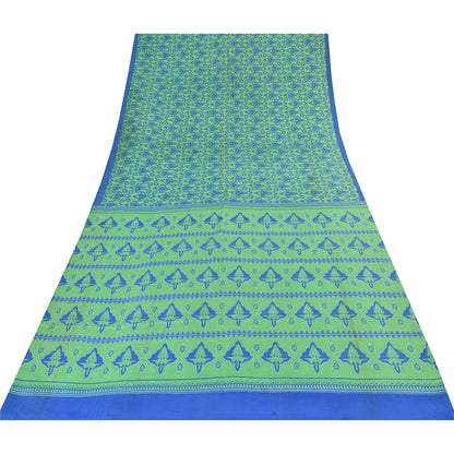 Sanskriti Vintage Sarees Green/Blue Pure Silk Printed Sari 5+yd Craft Fabric