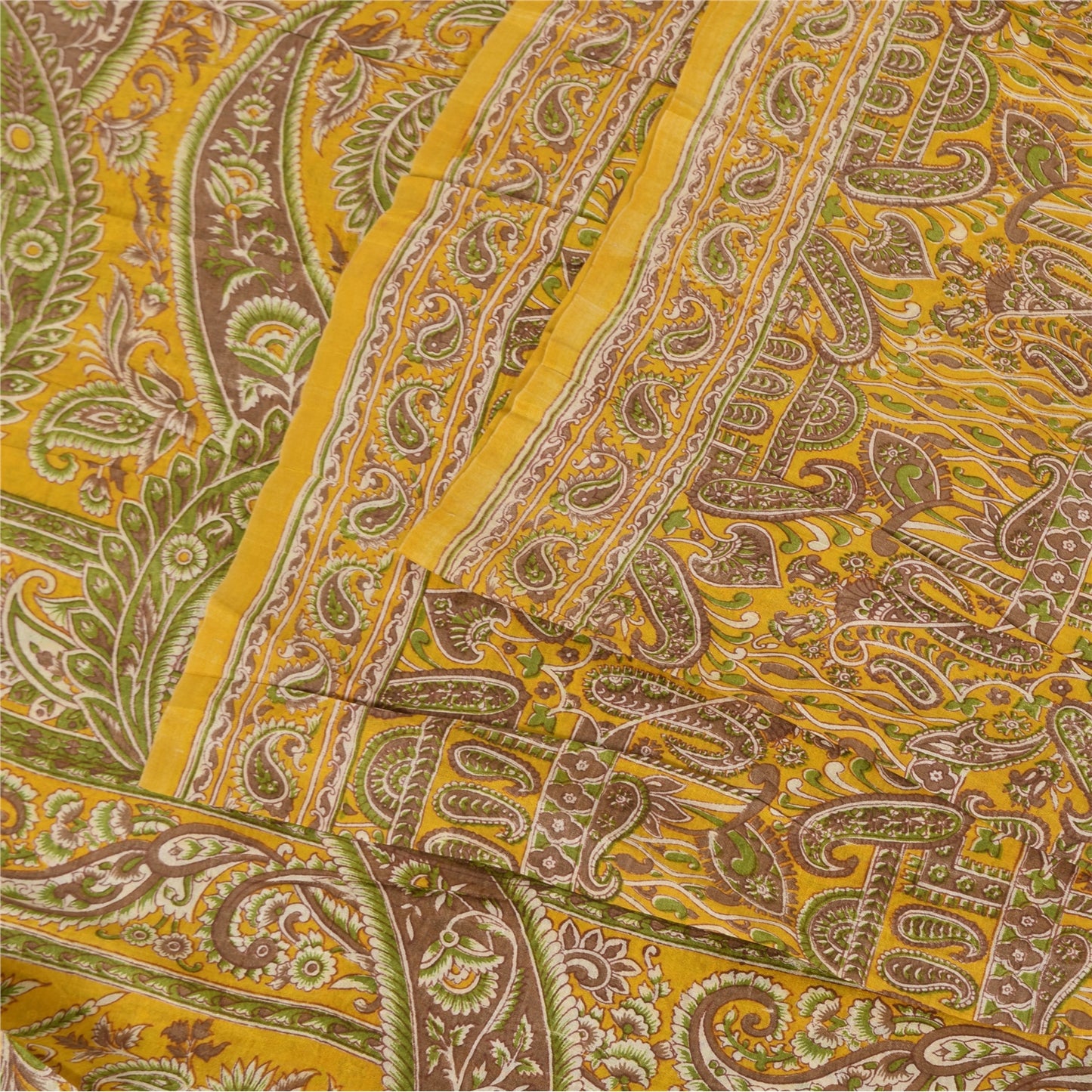 Sanskriti Vintage Sarees Yellow 100% Pure Silk Printed Sari 5+yd Craft Fabric