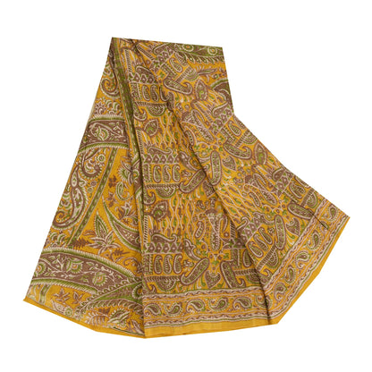 Sanskriti Vintage Sarees Yellow 100% Pure Silk Printed Sari 5+yd Craft Fabric