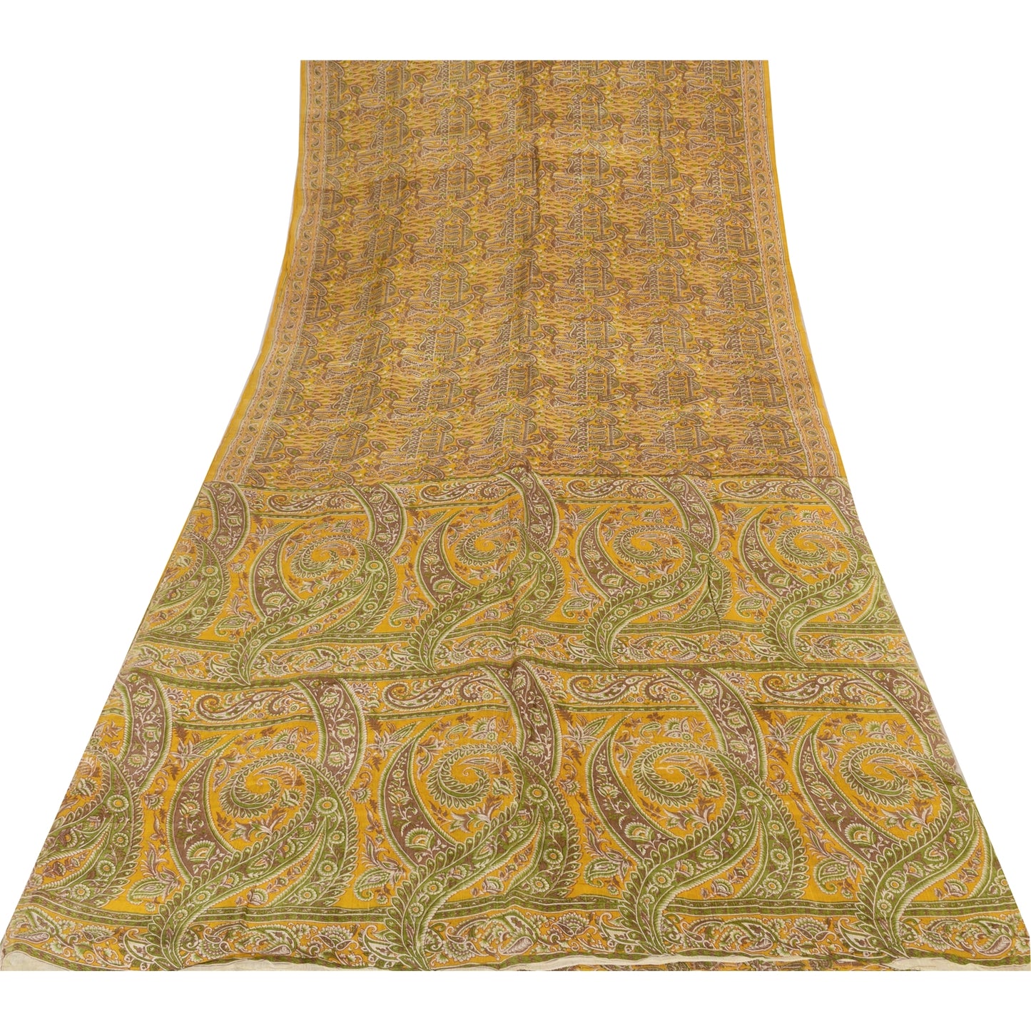 Sanskriti Vintage Sarees Yellow 100% Pure Silk Printed Sari 5+yd Craft Fabric