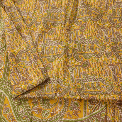 Sanskriti Vintage Sarees Yellow 100% Pure Silk Printed Sari 5+yd Craft Fabric