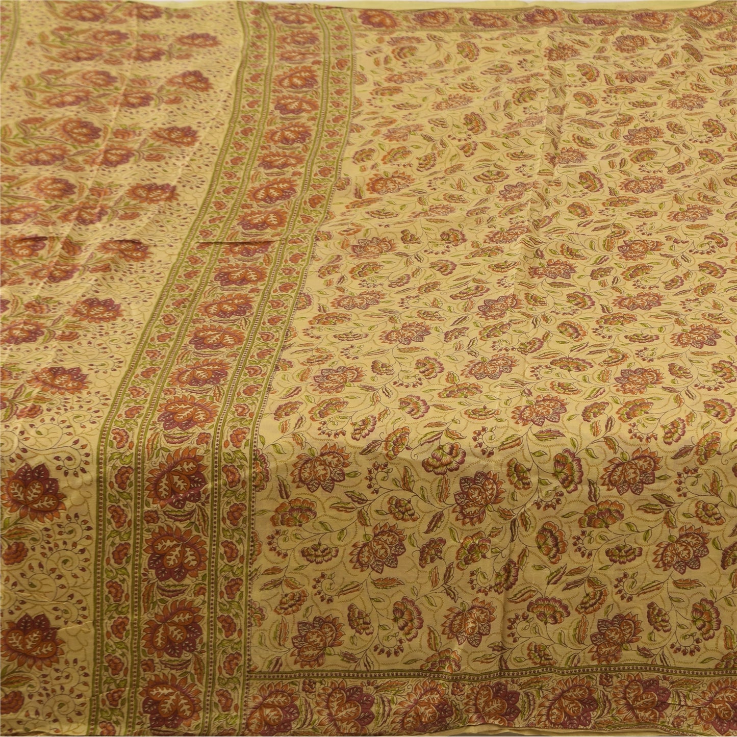 Sanskriti Vintage Sarees Beige Indian Pure Silk Printed Sari 6+yd Craft Fabric