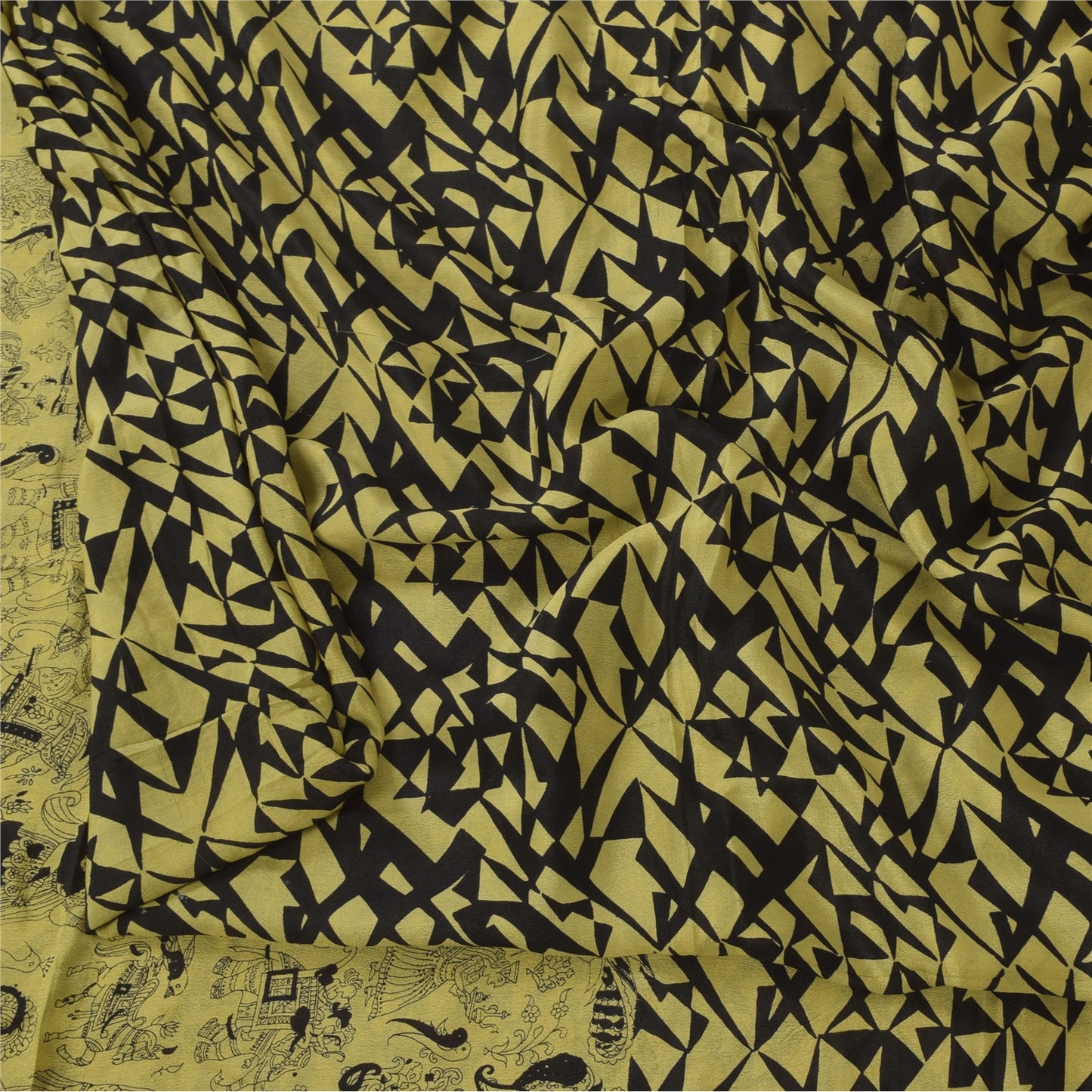 Sanskriti Vintage Sarees Lemon/Black Pure Silk Printed Sari 6+yd Craft Fabric