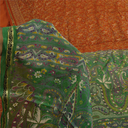 Sanskriti Vintage Sarees Orange Indian Pure Silk Printed Sari 5+yd Craft Fabric