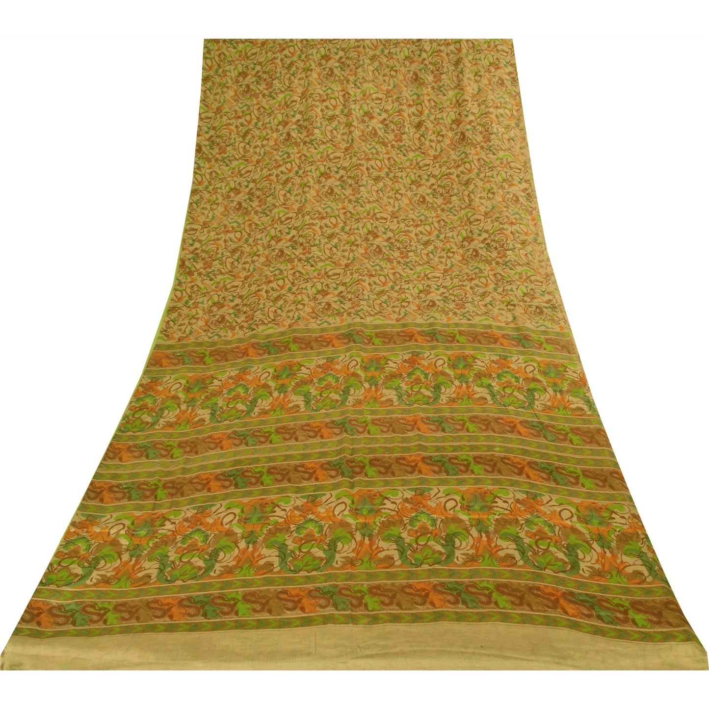 Sanskriti Vintage Sarees Indian Beige Pure Silk Printed Sari 6+yd Craft Fabric