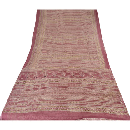 Sanskriti Vintage Sarees Pink Pure Chiffon Silk Printed Sari 6+yd Craft Fabric